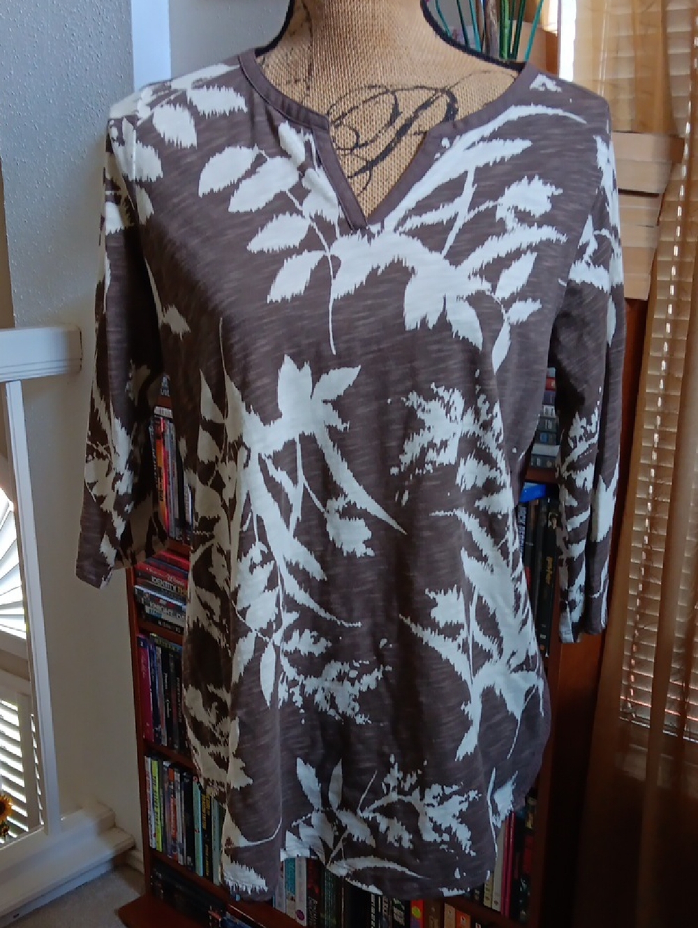 St. John's Bay Brown and Off-White Leaf Print V-Neck Tunic